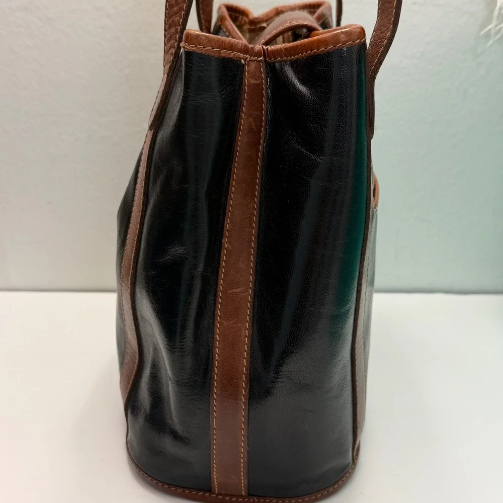 Vintage Brahmin Black Brown Leather Bucket Bag‎ Shoulder Bag USA Made Gold Logo
